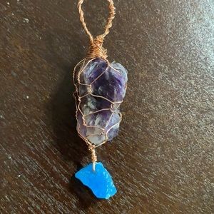 amethyst & aquamarine rough stone copper pendant